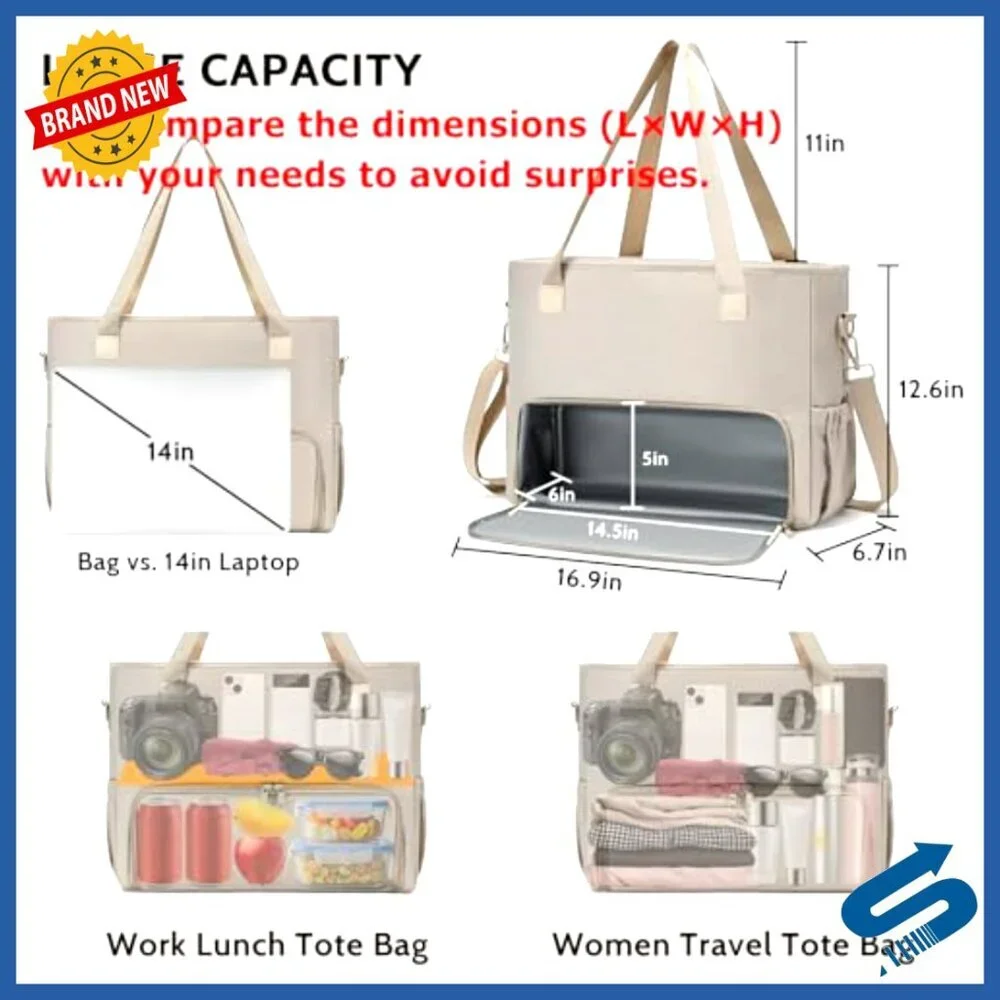 Canvas Tote Bag with Insulated Lunch Compartment and Laptop Sleeve